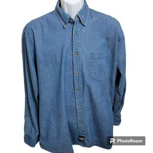 Real Ranch Workwear Shirt,Men L, Denim Blue Medium Wash Casual Button Down, EUC